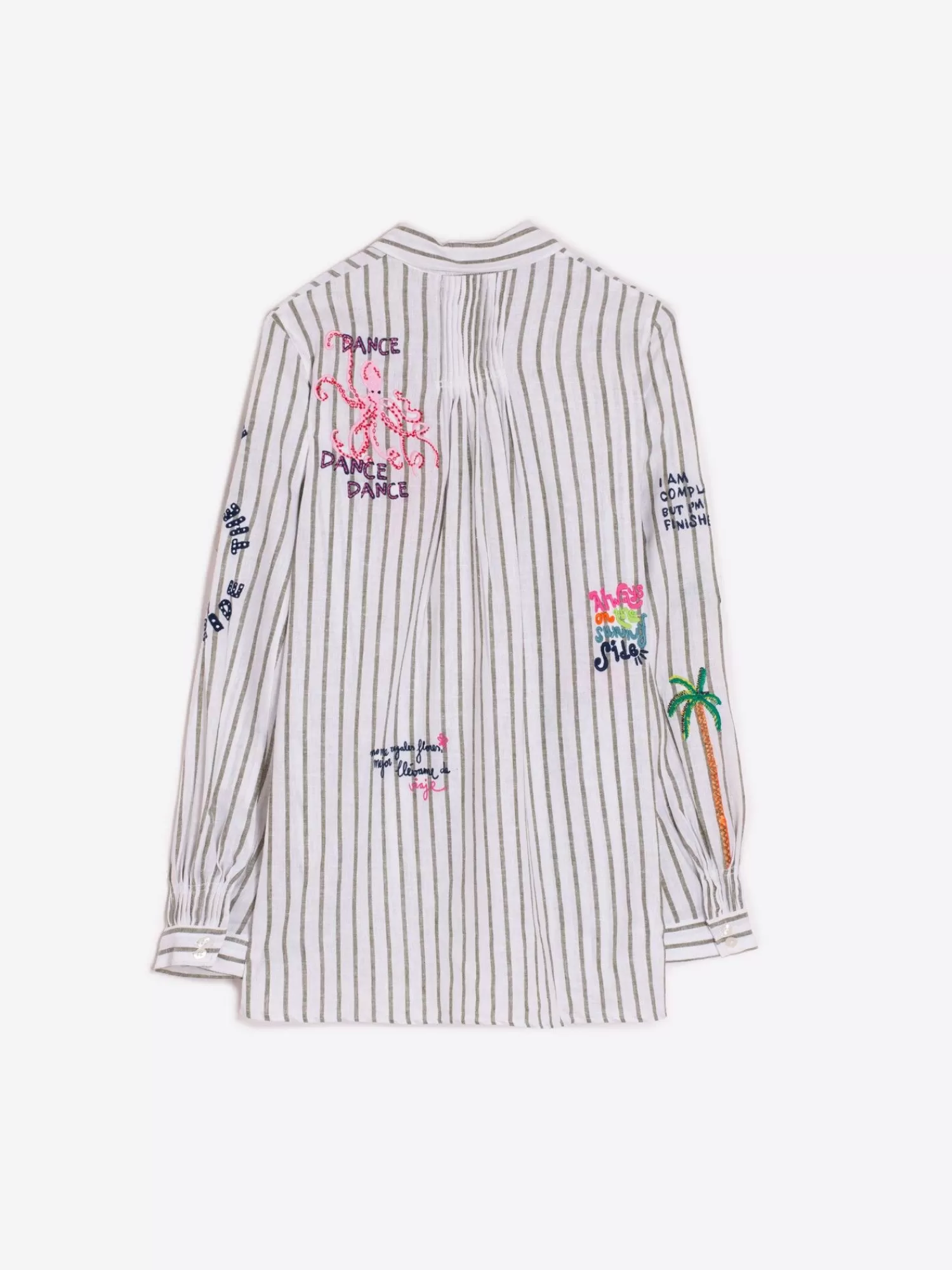 Mujer Vilagallo Camisa Bordada Lino Algodon Raya Verde