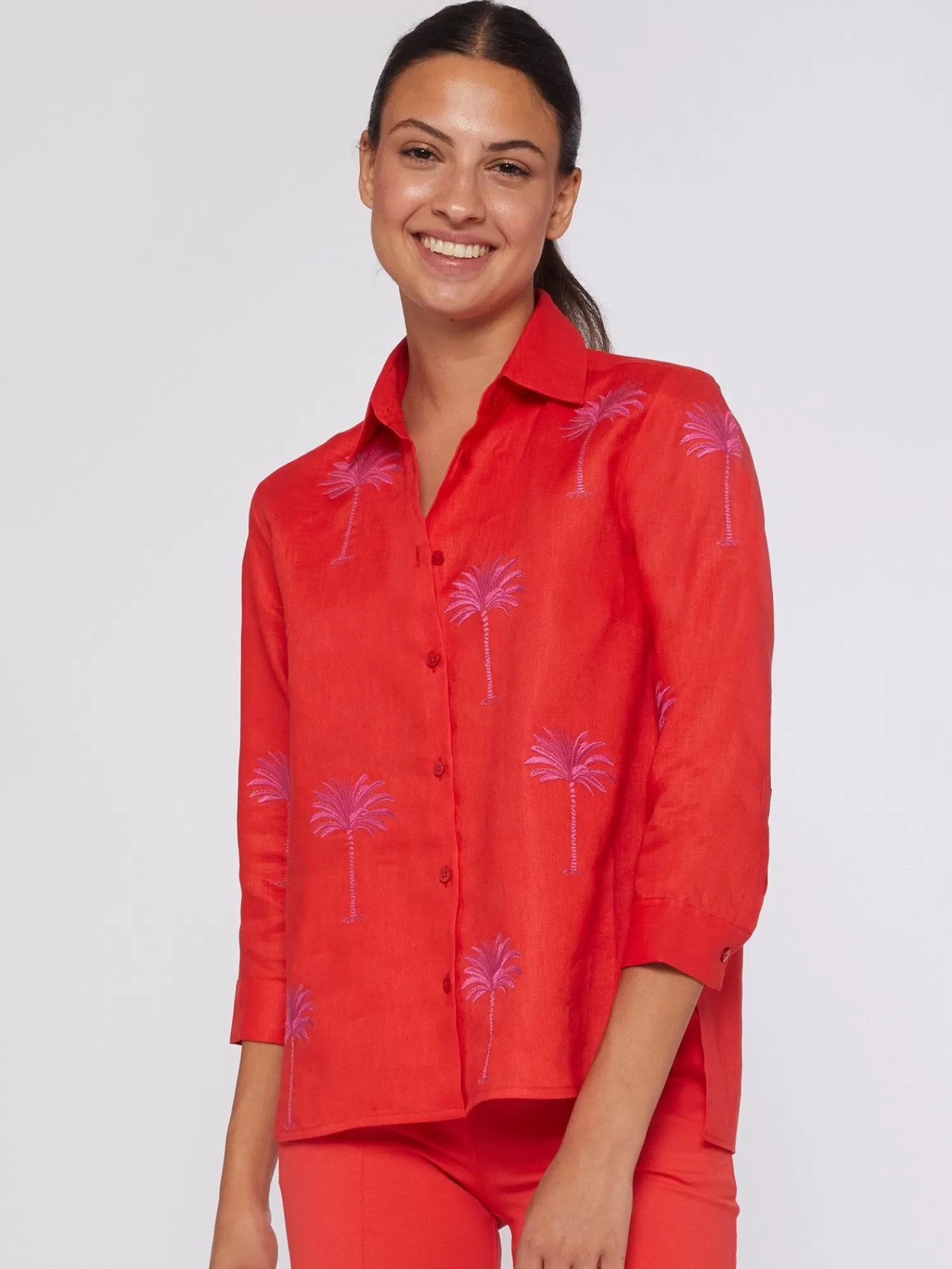 Mujer Vilagallo Camisa Coral 100 Lino Bordado Palmeras Noe Ropa