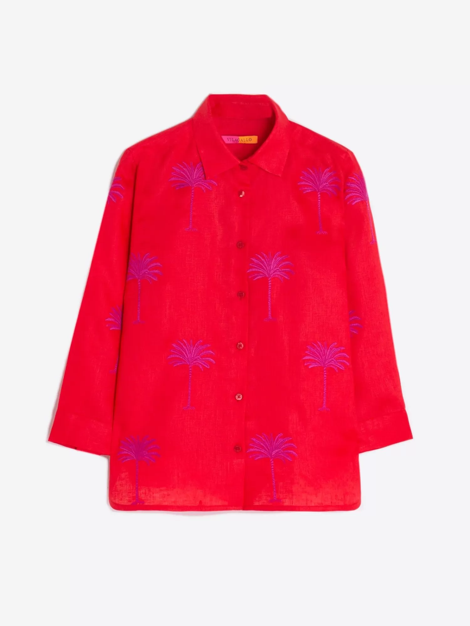 Mujer Vilagallo Camisa Coral 100 Lino Bordado Palmeras Noe Ropa