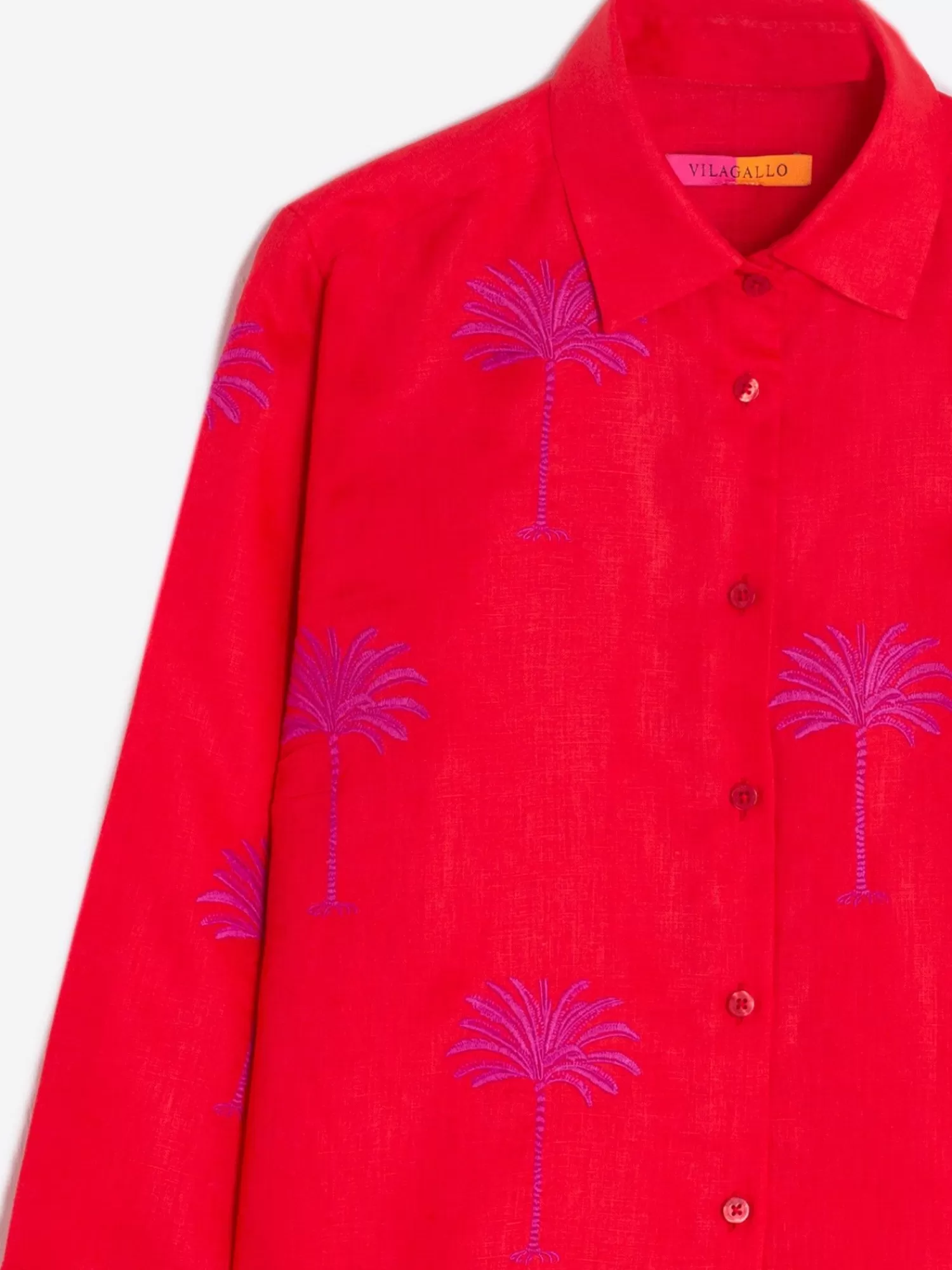 Mujer Vilagallo Camisa Coral 100% Lino Bordado Palmeras