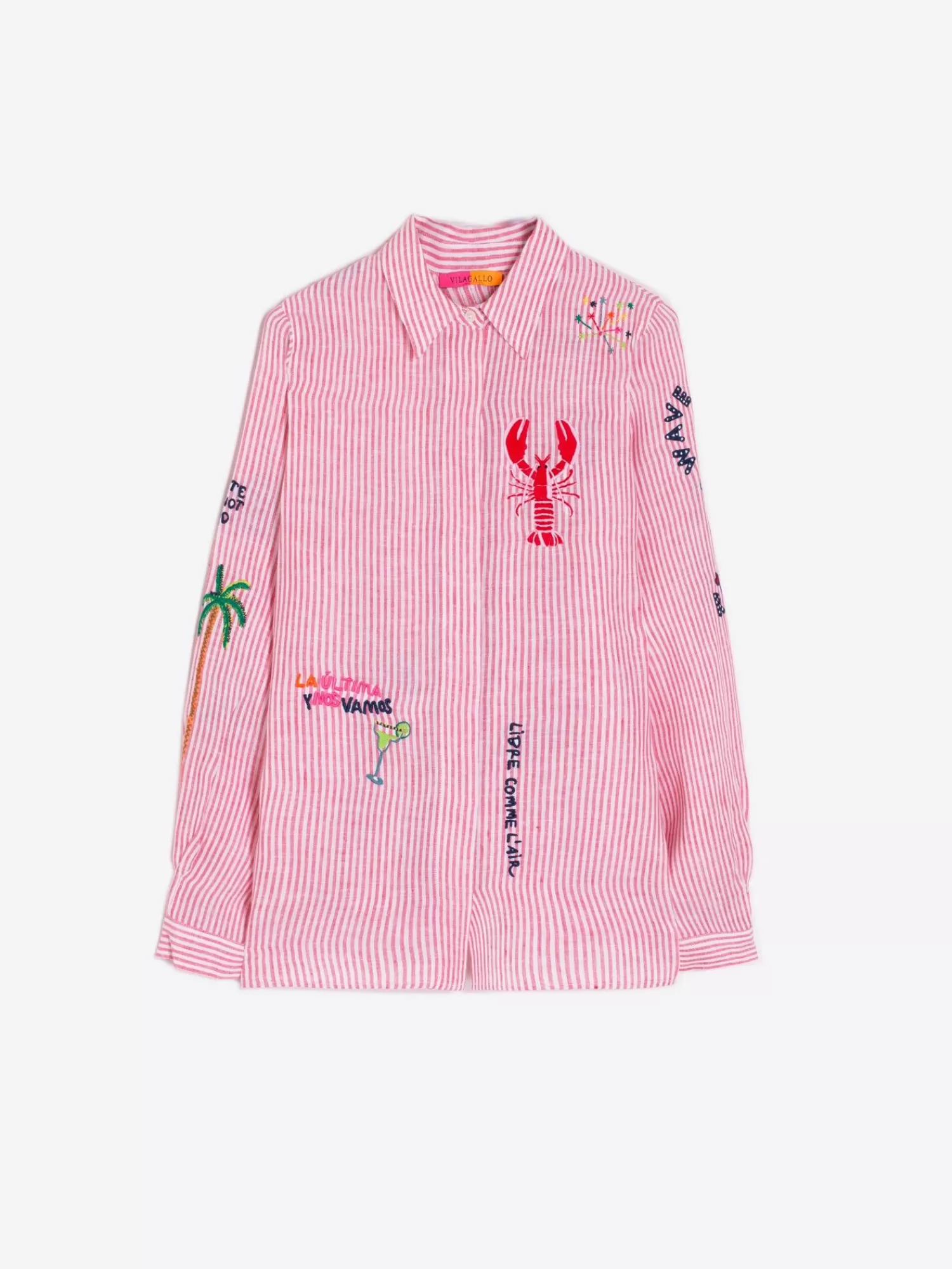 Mujer Vilagallo Camisa Lino Bordada Rayas Rojo