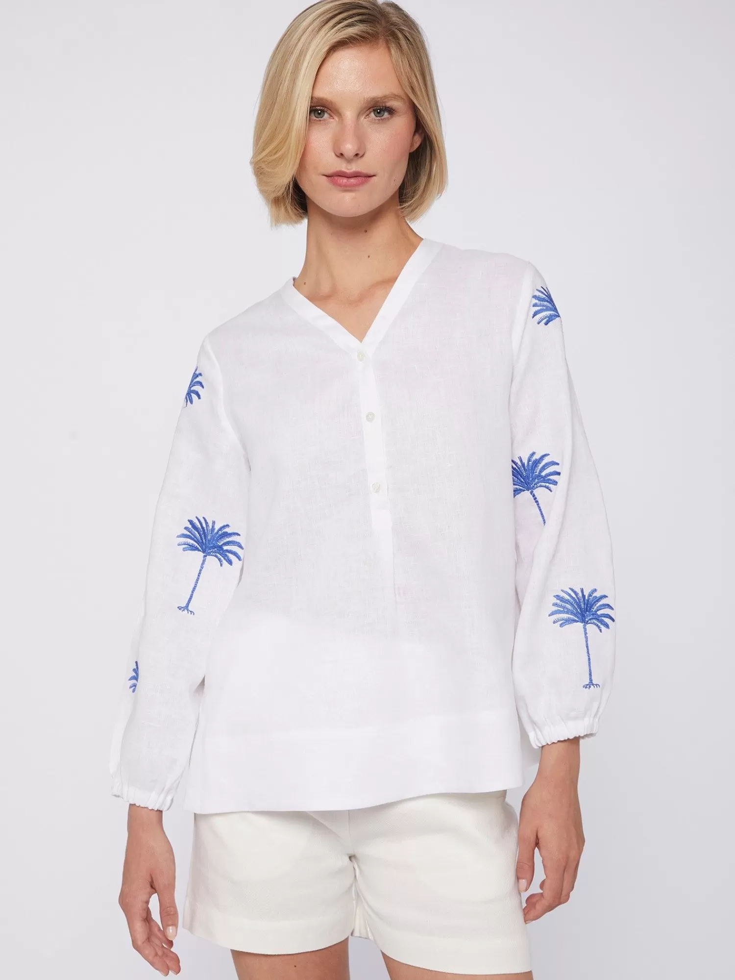 Mujer Vilagallo Camisa Lino Mangas Bordadas Palmera
