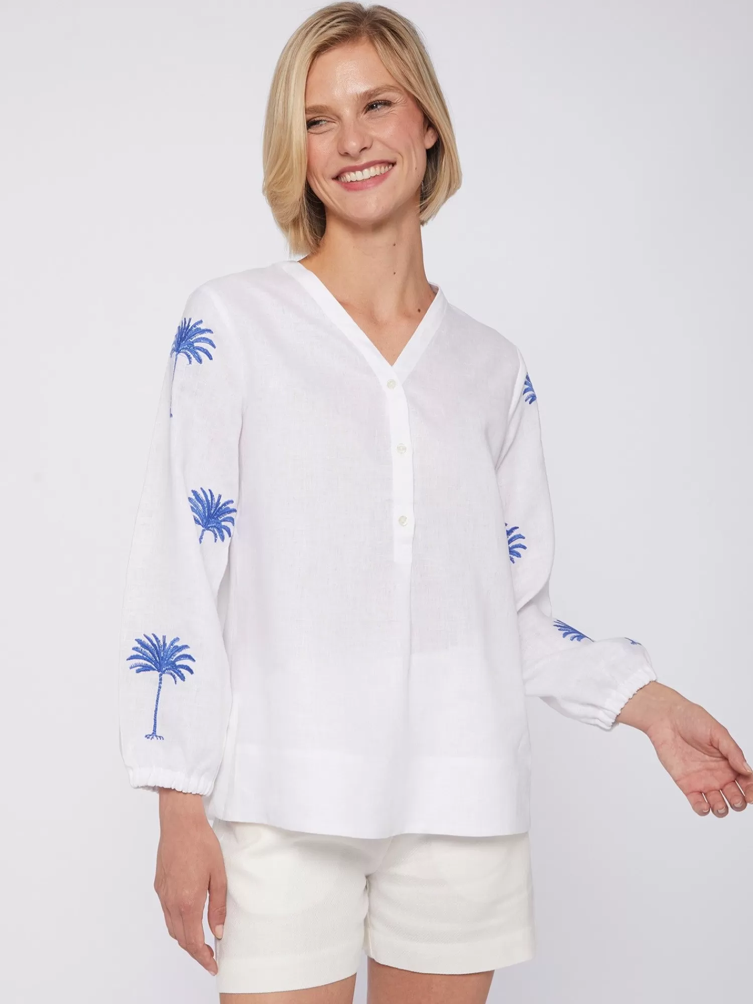 Mujer Vilagallo Camisa Lino Mangas Bordadas Palmera
