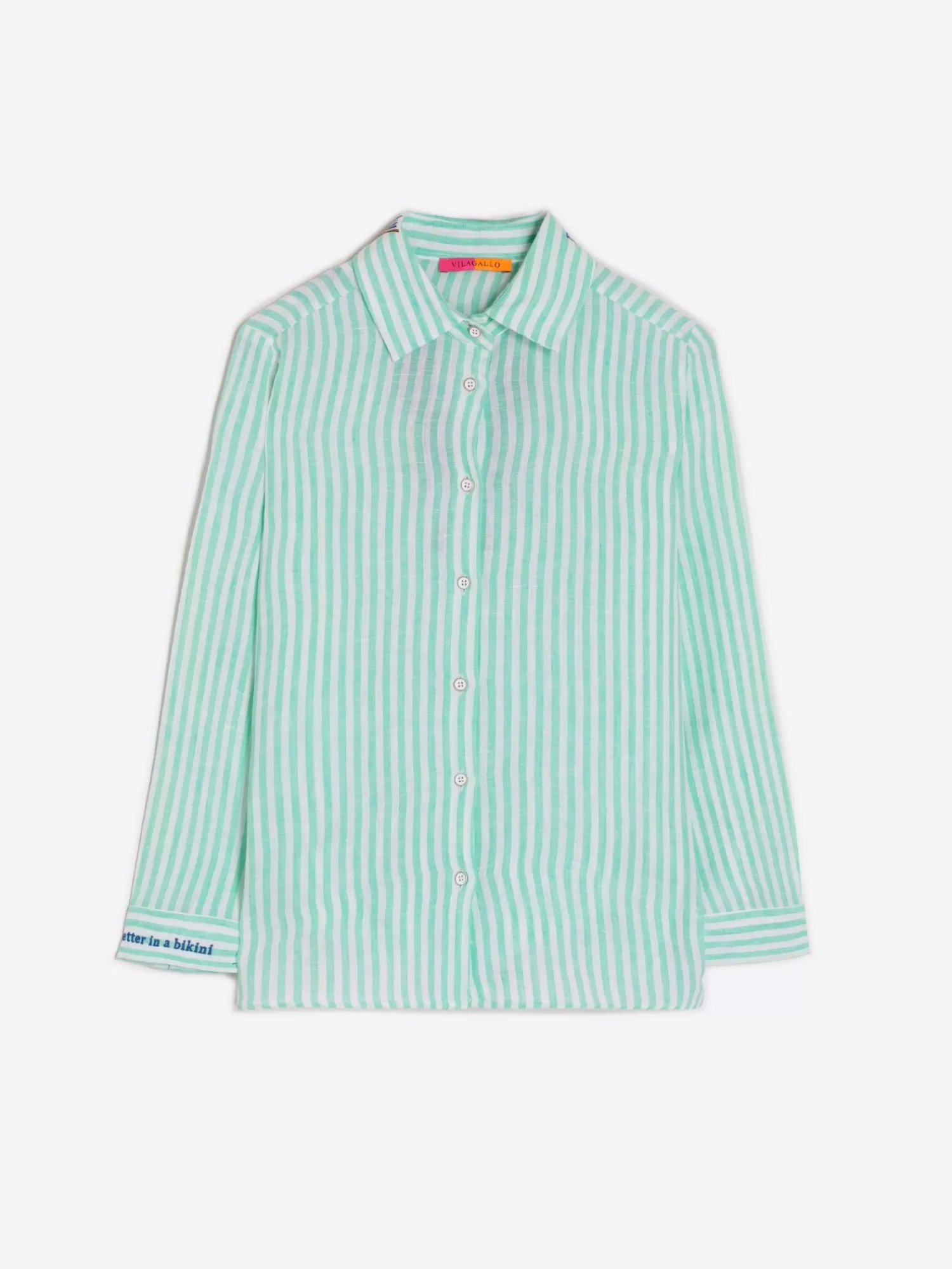 Mujer Vilagallo Camisa Petra Emb Green Linen Stripe