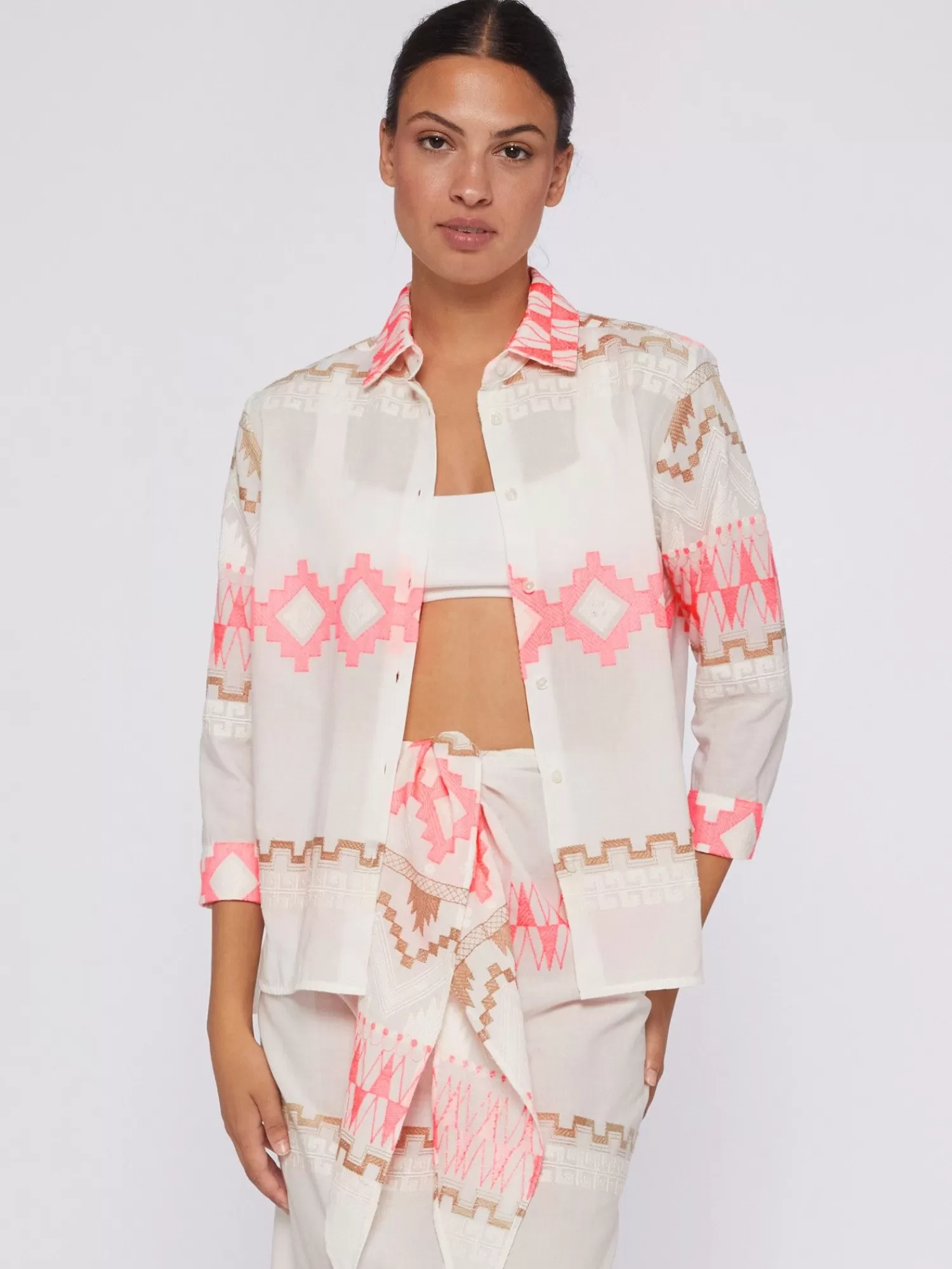 Mujer Vilagallo Camisa Voile Jacquard Rosa Y Camel
