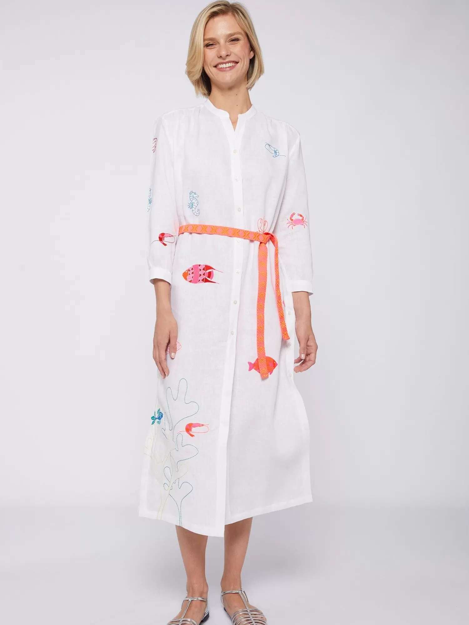 Mujer Vilagallo Vestido Lino Bordado Peces
