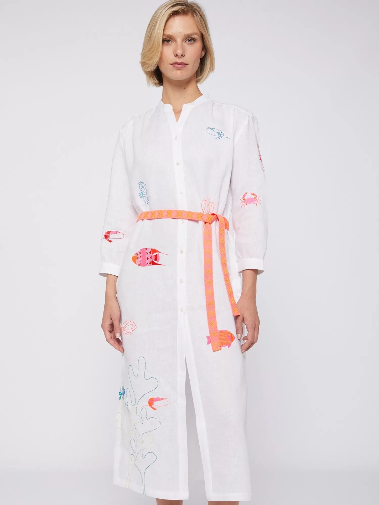 Mujer Vilagallo Vestido Lino Bordado Peces