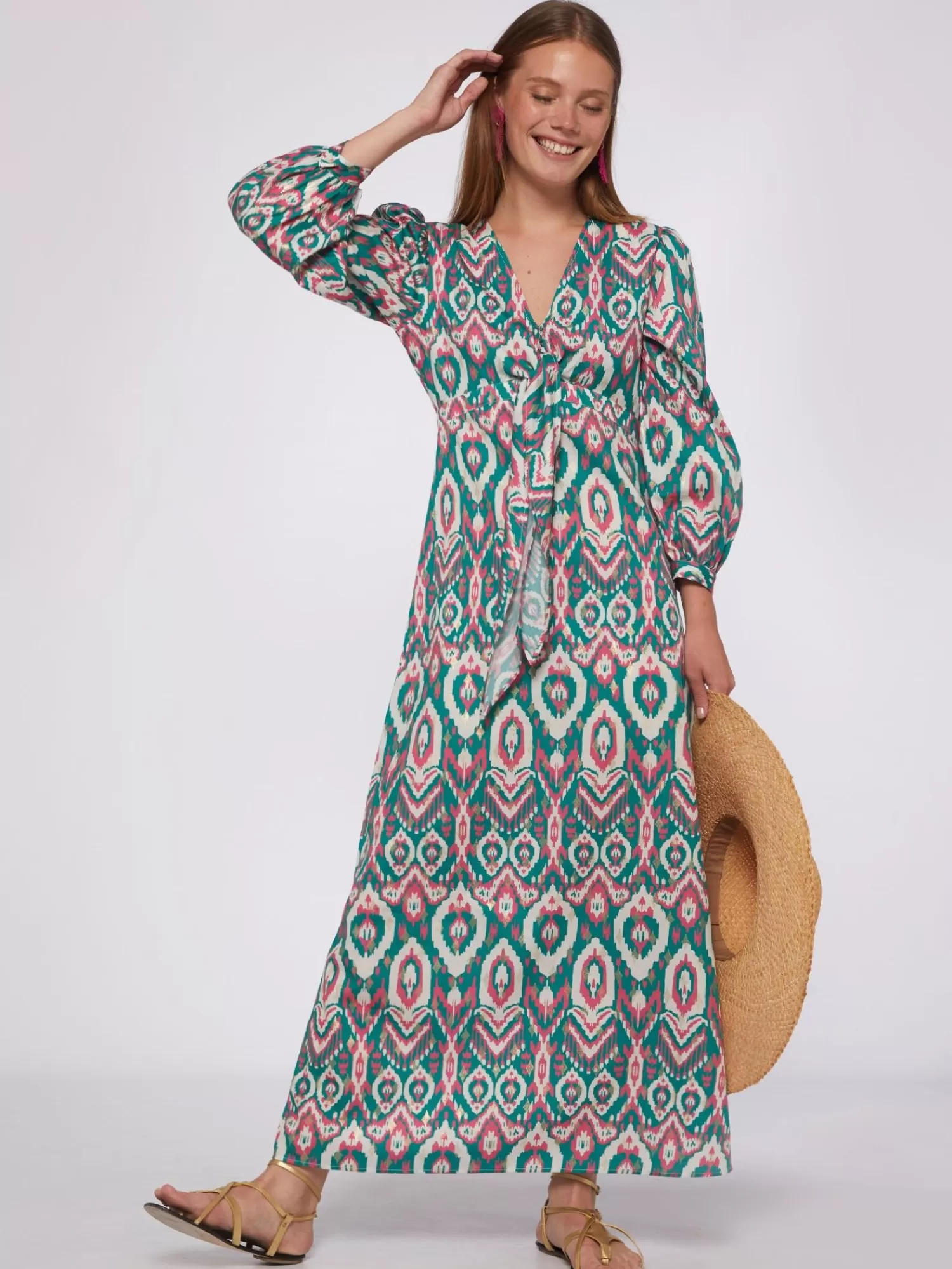 Mujer Vilagallo Vestido Lorenna Ikat Green Pink Gold