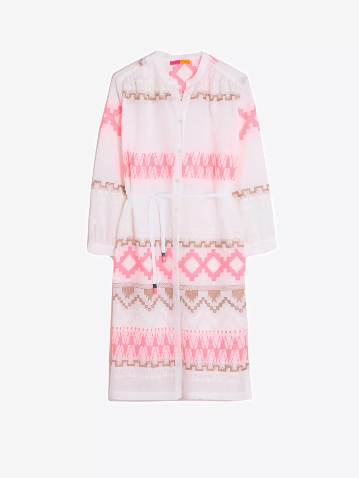 Mujer Vilagallo Vestido Voile Bordado Rosa Y Camel