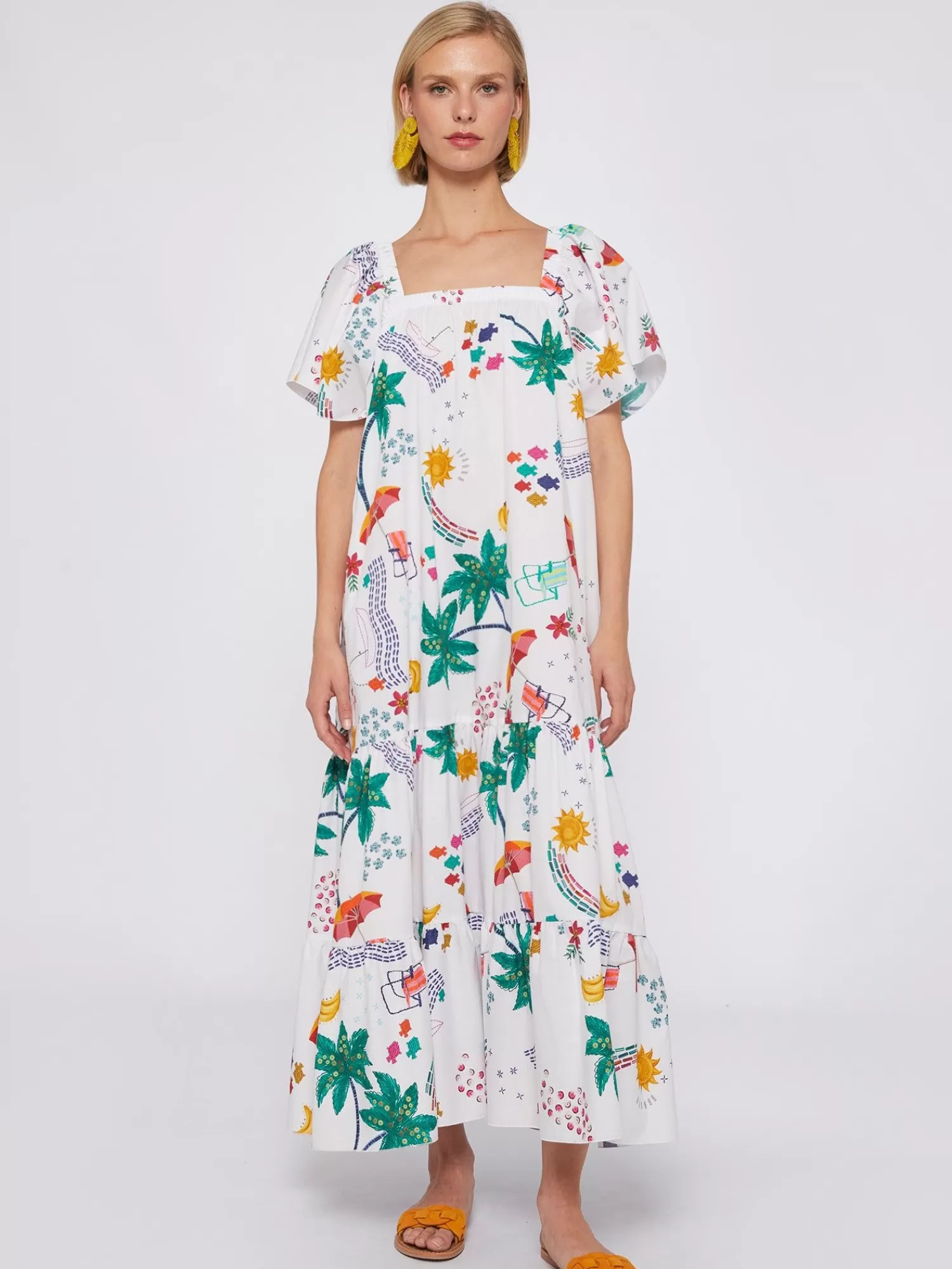 Mujer Vilagallo Vestido Volantes Popelin Estampado Tropical