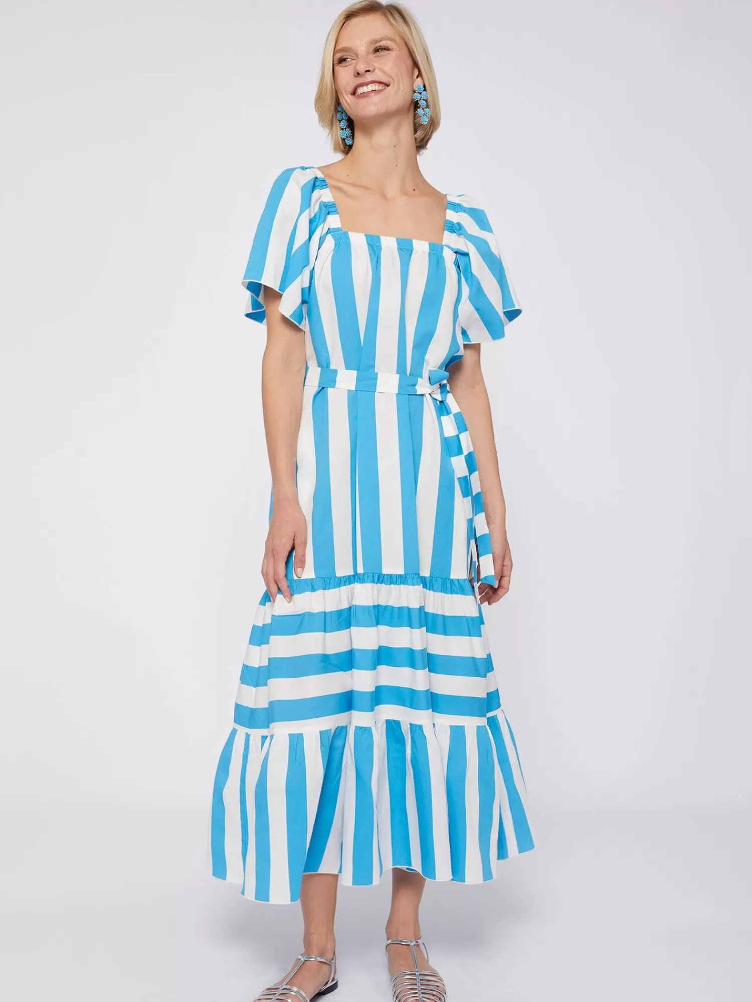 Mujer Vilagallo Vestido Volantes Rayas Turquesa