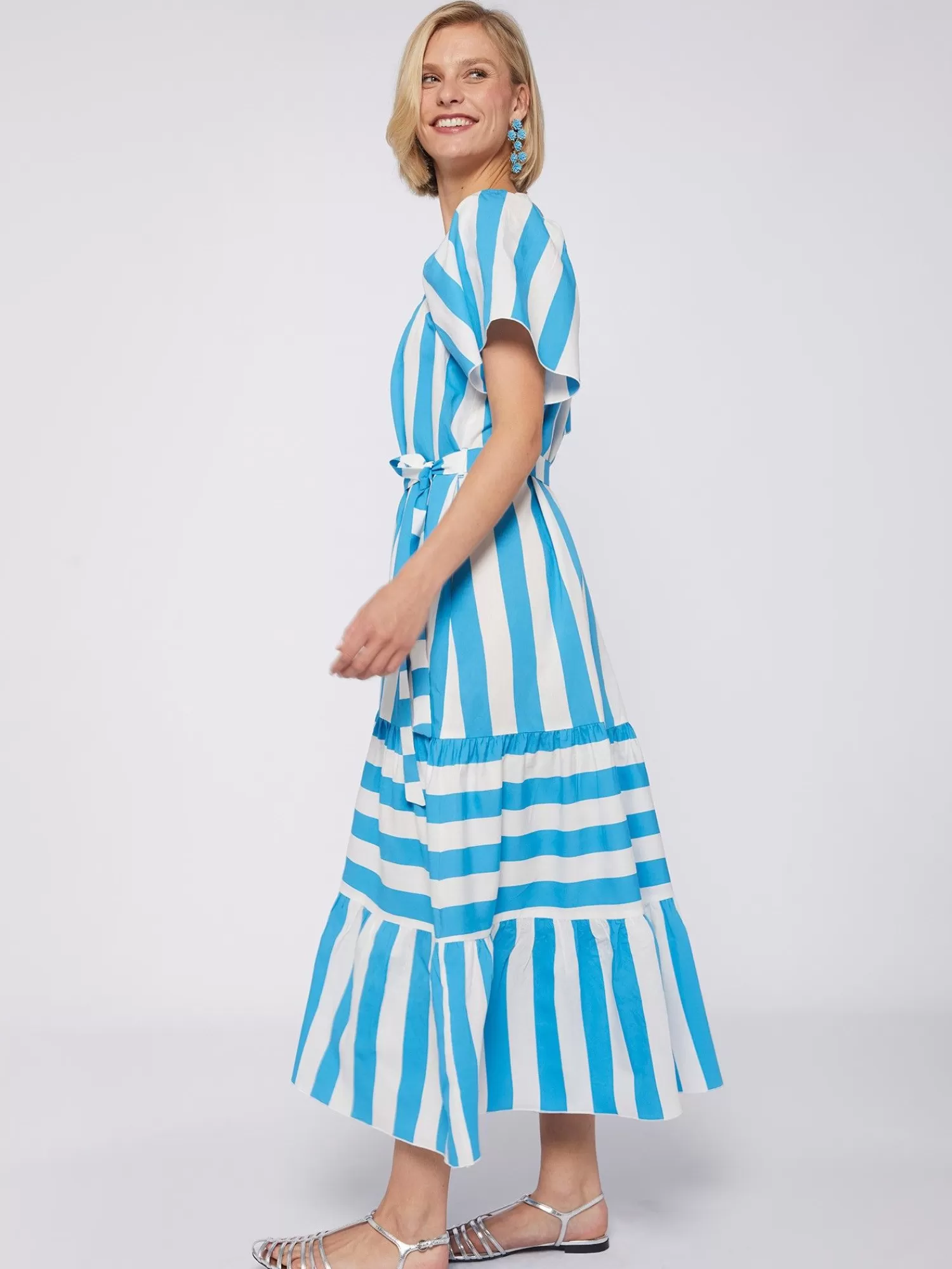 Mujer Vilagallo Vestido Volantes Rayas Turquesa